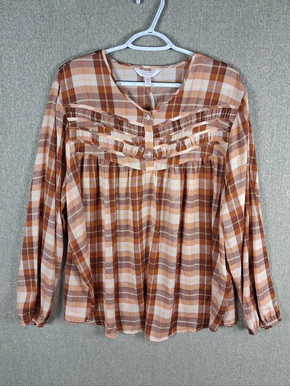 LC Lauren Conrad Top Womens XL Brown Plaid Balloon Long Sleeve Casual Blouse